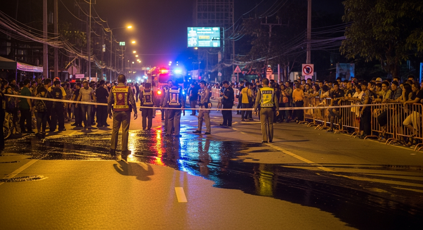 Разлив дизельного топлива на дороге Миттрапхап после опрокидывания бензовоза