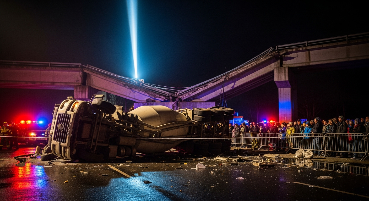 Цементовоз упал с моста на скоростную трассу Бангна-Трат