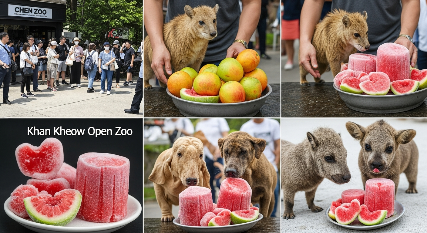 Животные зоопарка Кхао Кхео охлаждаются замороженными фруктами в жару