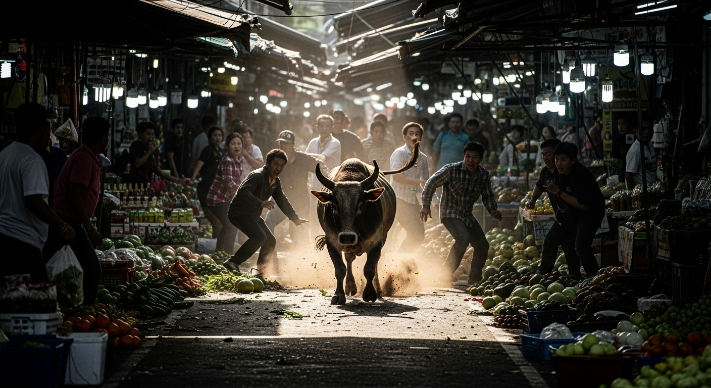 Рынок в Таиланде охватила паника: бык атаковал людей и разрушил торговые ряды