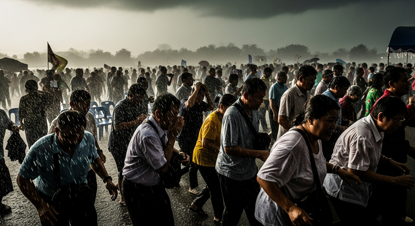 В Мэсае снова бушует шторм: металлические двери слетают с петель, посетители кафе спасаются бегством