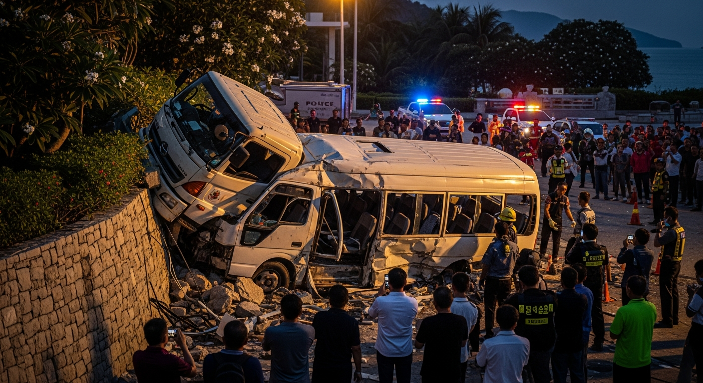 Грузовик скатился по склону и врезался в минивэн и стену отеля на Пхукете