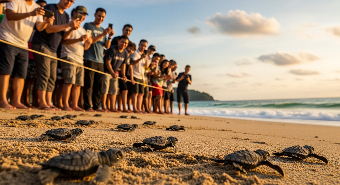 На пляже Карон на Пхукете из гнезда вылупились 79 детенышей морских черепах